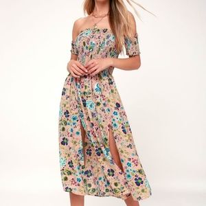 NWOT Lulu's | View From the Meadow Blush Floral Print Off-the-Shoulder Dress